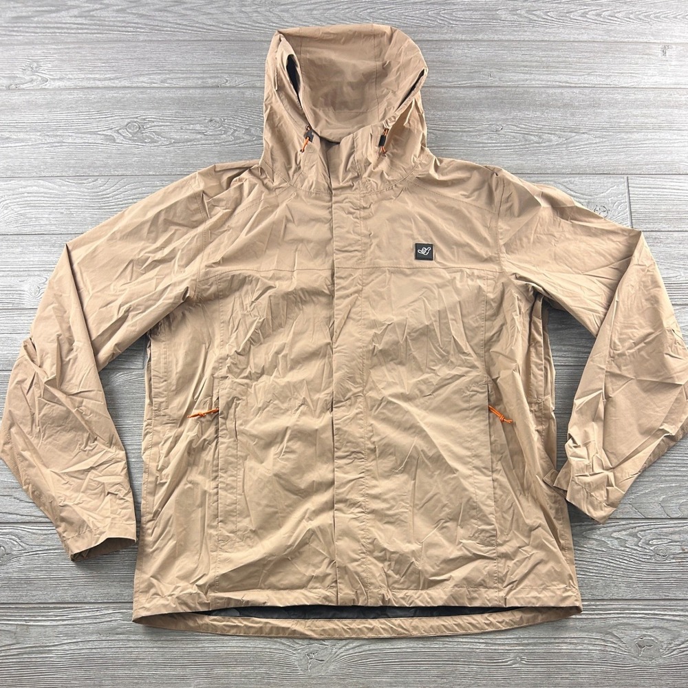 Dutch Bros Coffee Mens 2XL Rain Jacket Tan Khaki Hooded Ripstop Windbreaker Shel